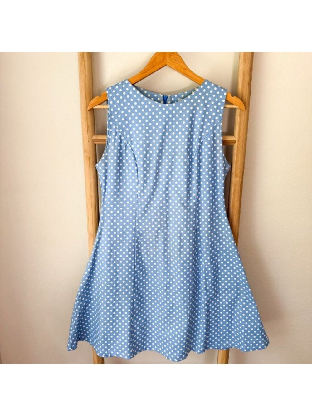 Compania Fantastica Blue White Polka Dot Fit Flare Mini Dress Size Medium